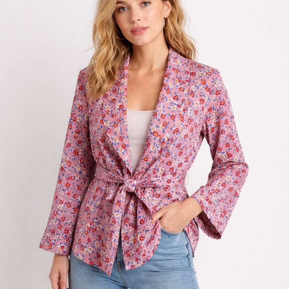 Bliss And Mischief Floral Tie Waist Jacket Blazer Pink Organic Cotton Size 2